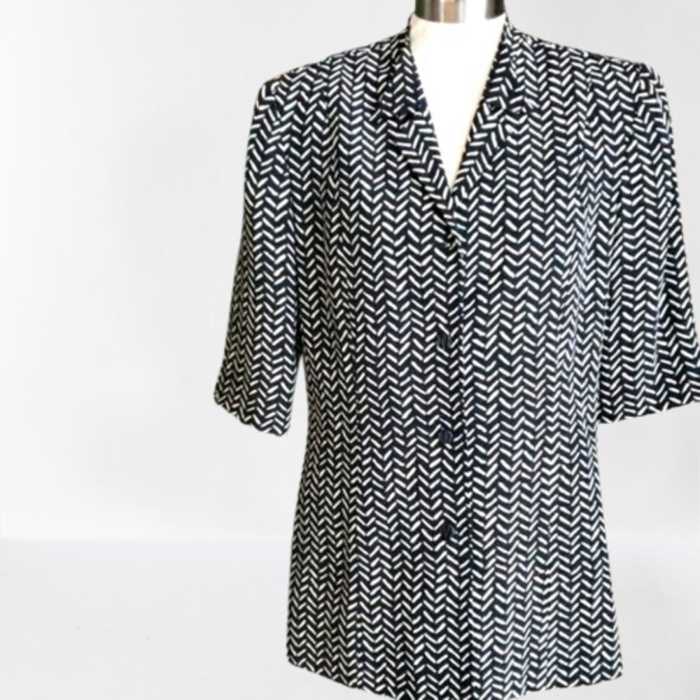 Shomi By Miller Shor Women's Silk Black White Zig Zag Prints Blazer Jacket Sz 14